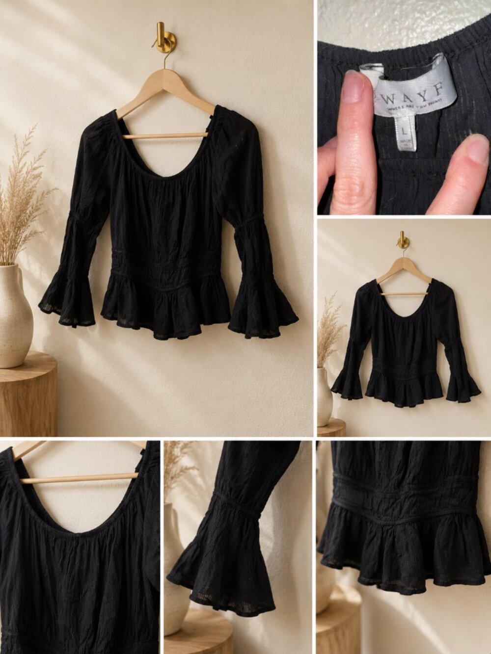 WAYF Black Ruffle Bell Sleeve Top | Size Large
